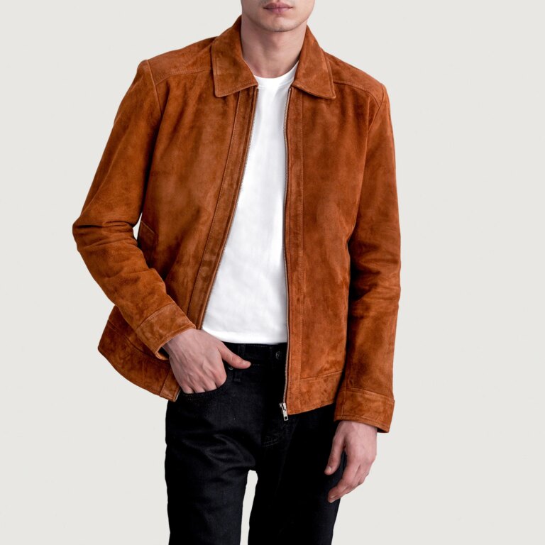 Mens Inferno Brown Suede Leather Jacket Open Front-4-1724077269920